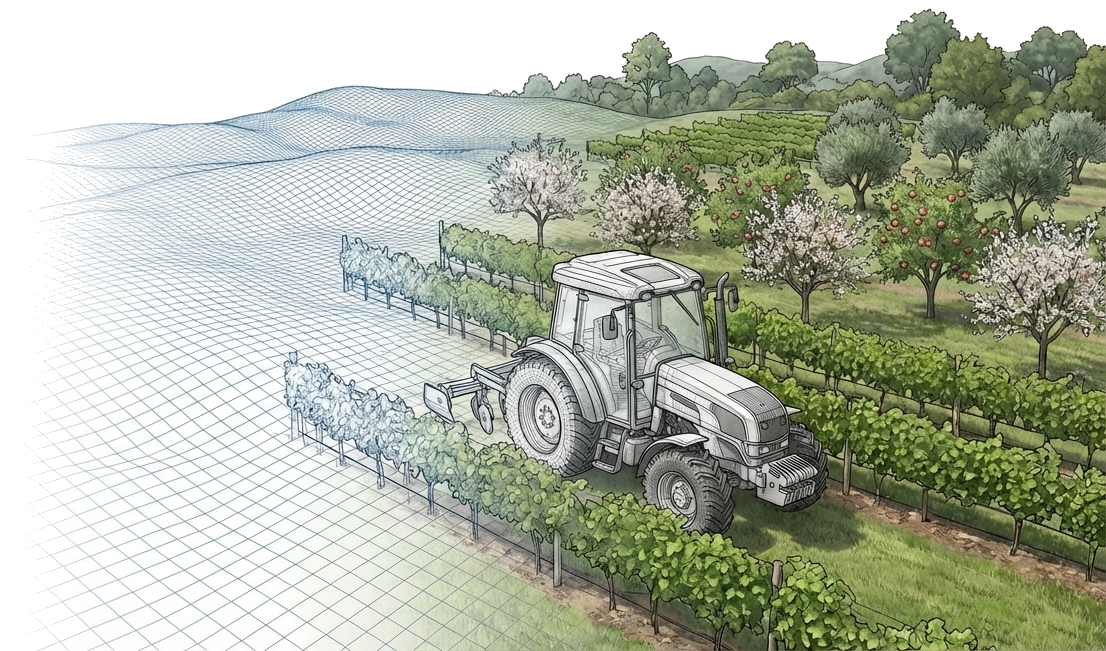 Terrain contour lines morphing into realistic agricultural fields and irrigation
