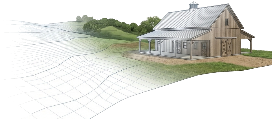Terrain contour lines morphing into a realistic landscape with a barn — from design to reality