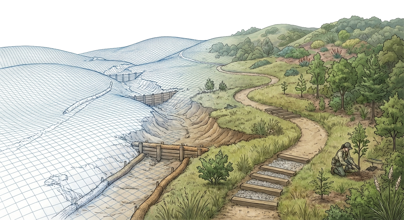 Terrain contour lines morphing into realistic conservation land with trails and forests