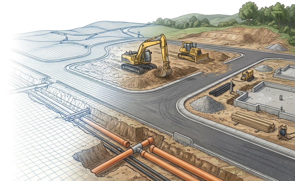 Terrain contour lines morphing into a realistic subdivision with roads and lots
