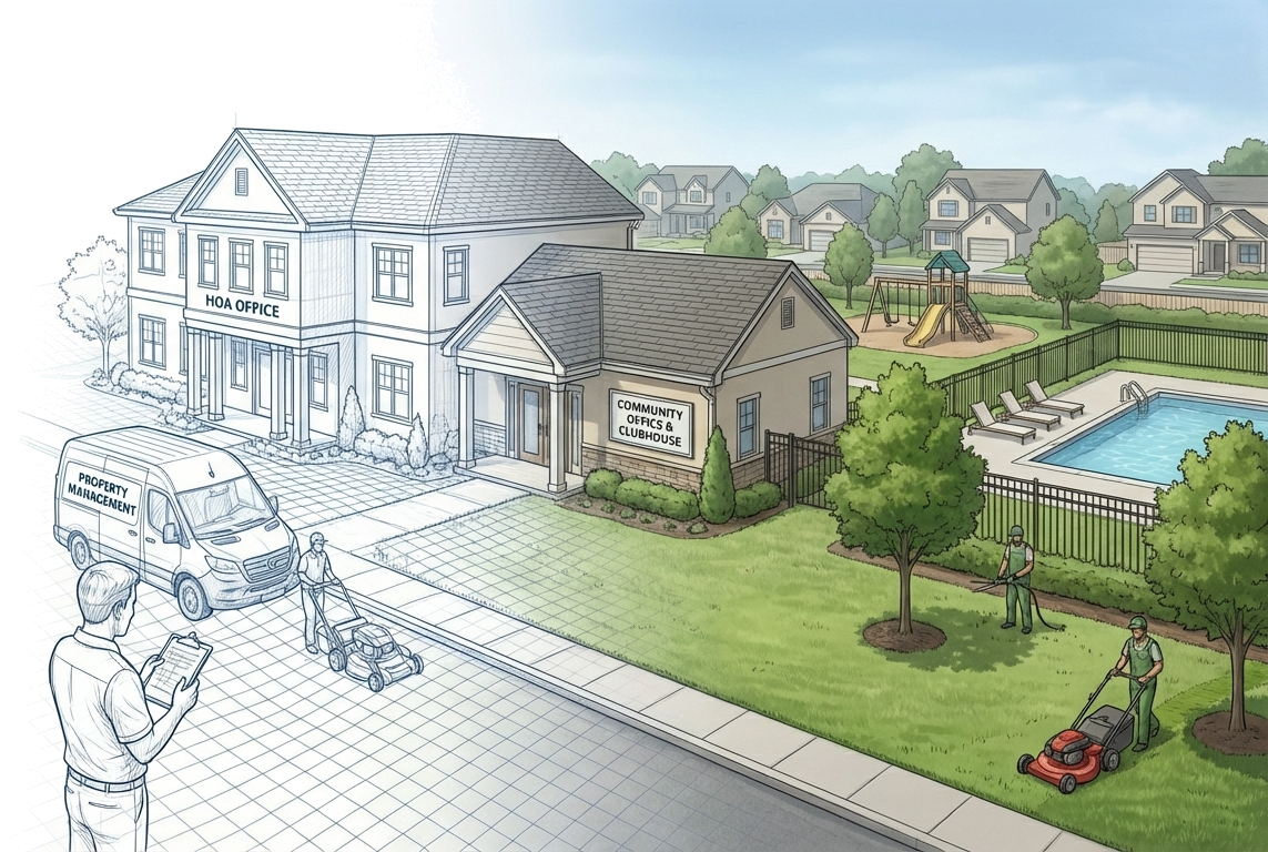 Terrain contour lines morphing into a realistic community with homes and amenities