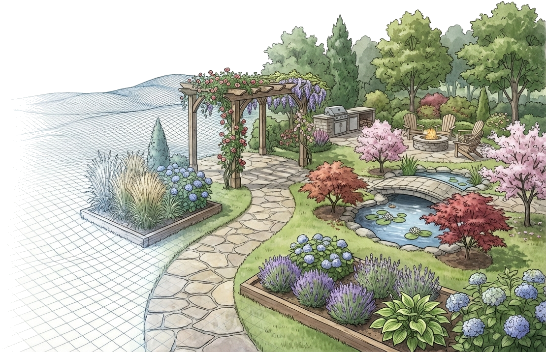Terrain contour lines morphing into a realistic landscaped outdoor space